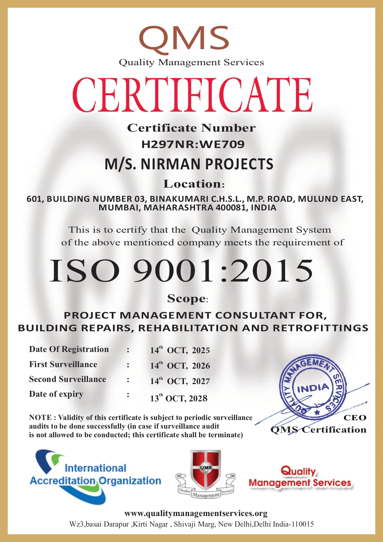 ISO 9001:2015 Quality Management System Certificate
