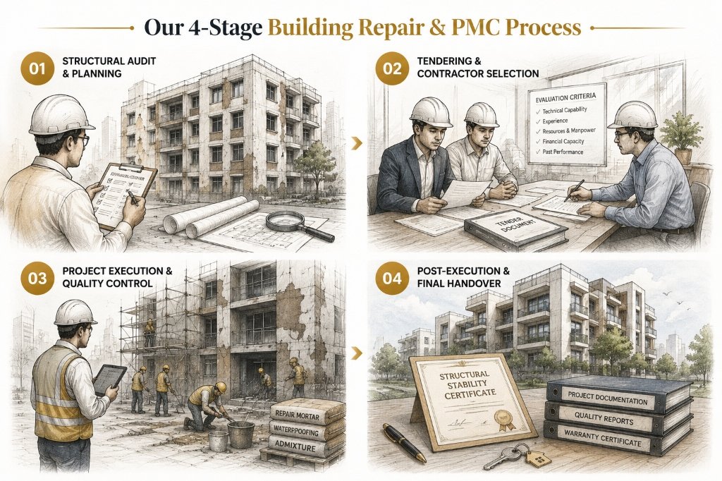 Our 4-Stage Building Repair & PMC Process Infographic